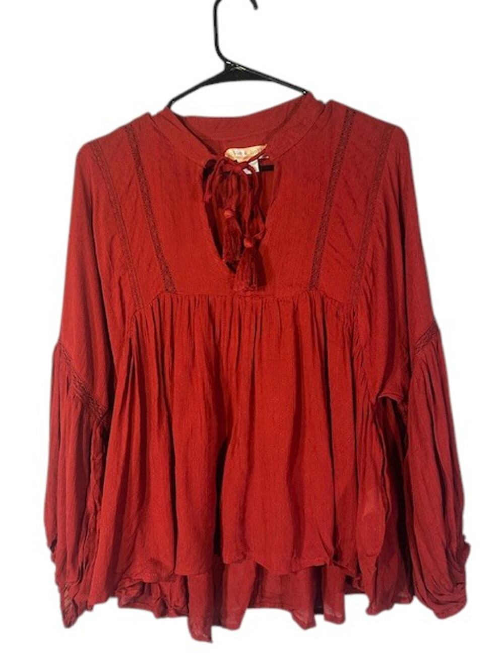 Lottie & Holly Women’s Red Rust Long Sleeve Tassel Loose-Fit Boho Blouse Sz Med